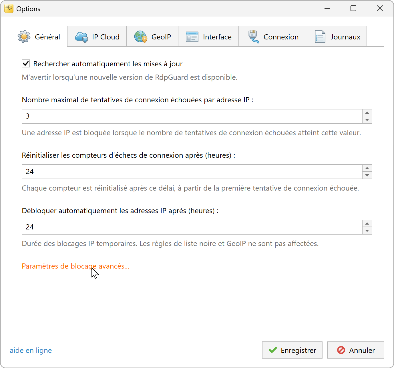 Boîte de dialogue Options, onglet Général sélectionné