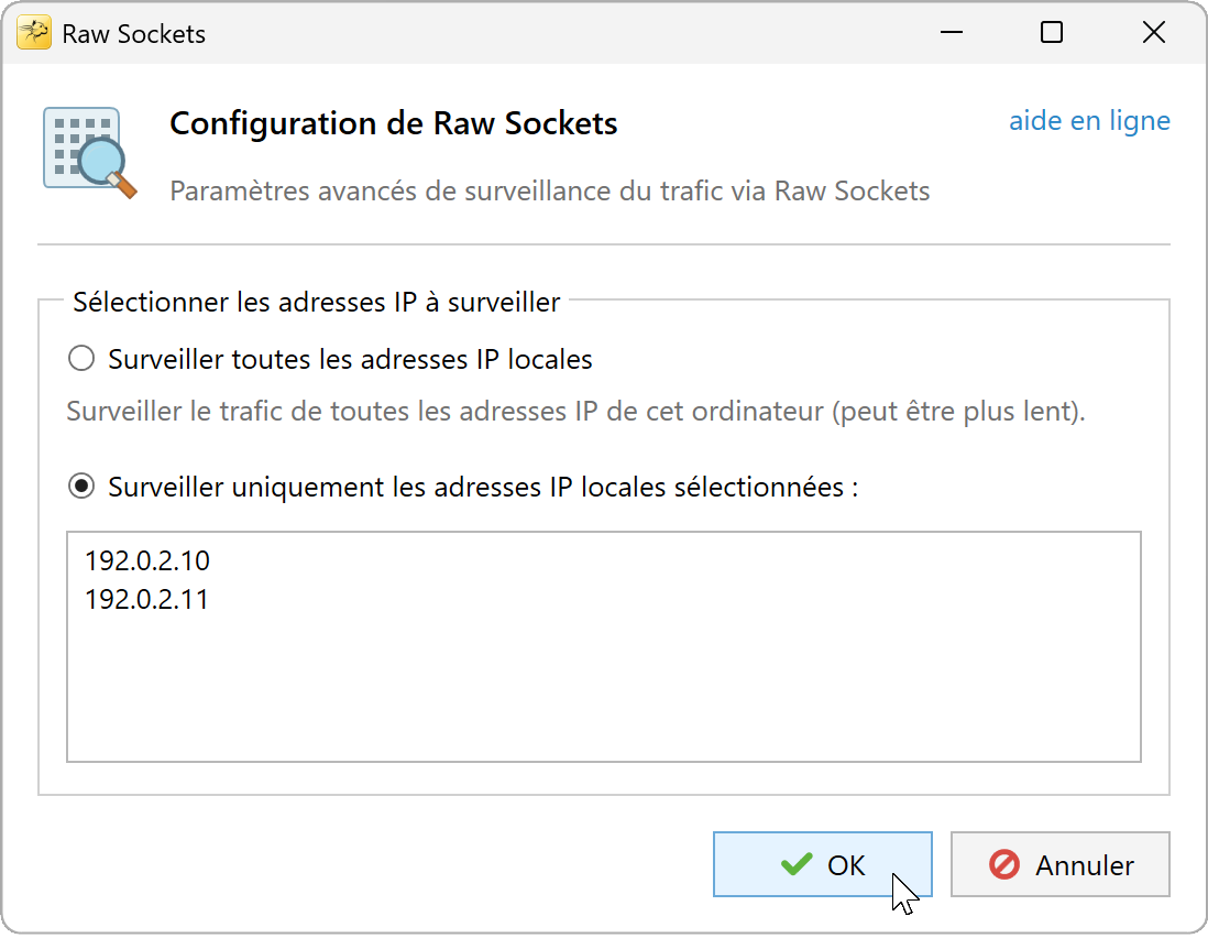 Configuration des sockets bruts avec une IPv4 locale par ligne