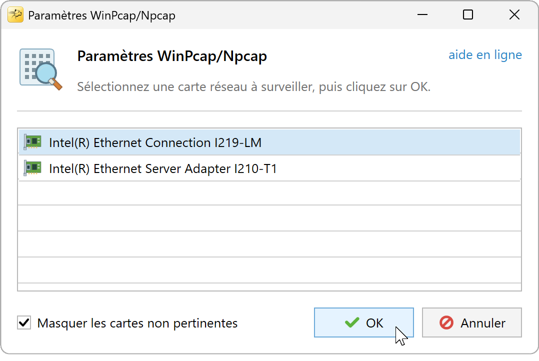 Paramètres WinPcap/Npcap avec une carte Ethernet sélectionnée et le filtre des cartes activé