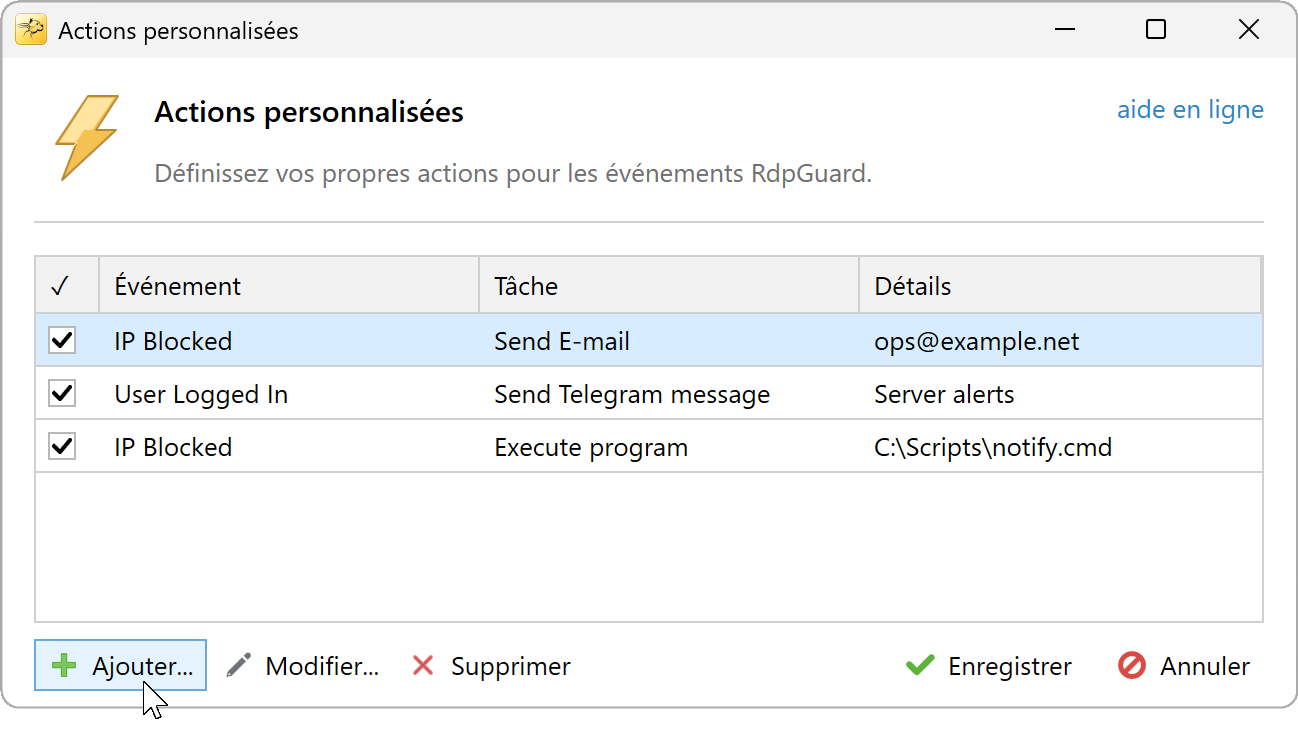 Boîte de dialogue Actions personnalisées