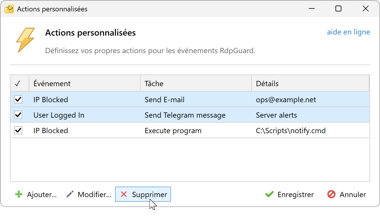 Supprimer des actions personnalisées