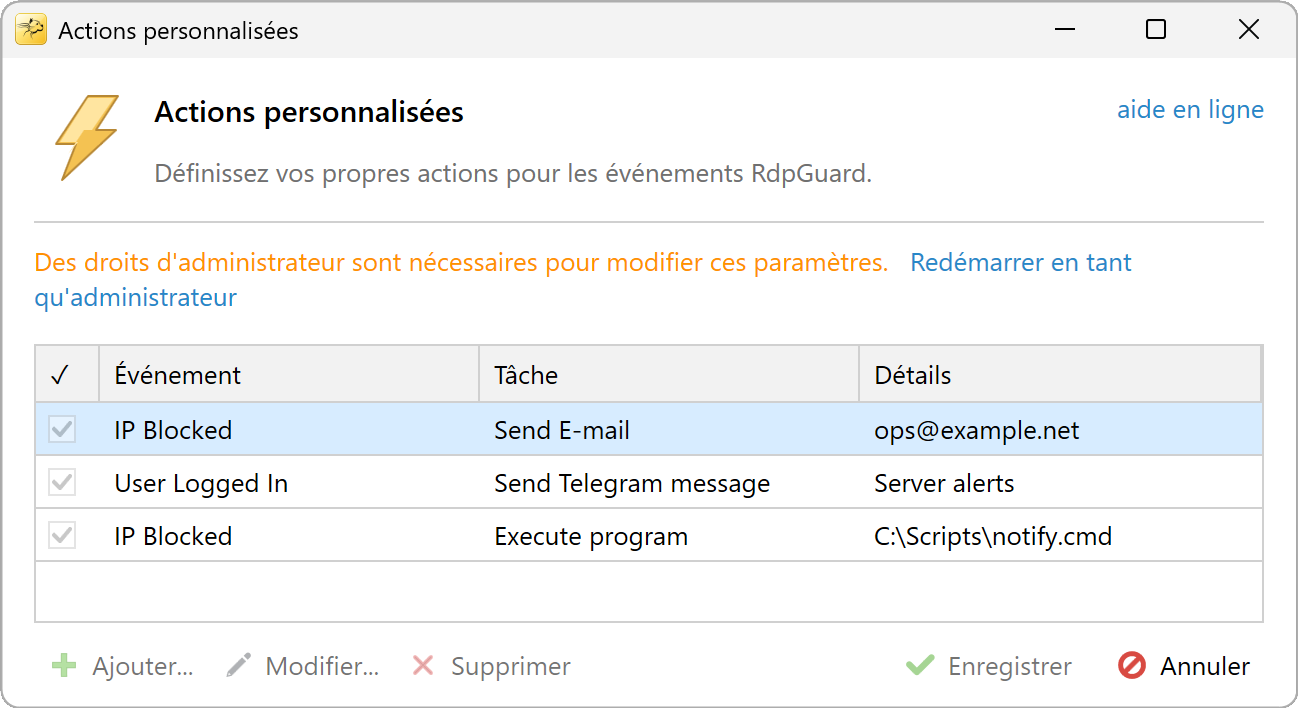 Actions personnalisées sans droits d'administrateur