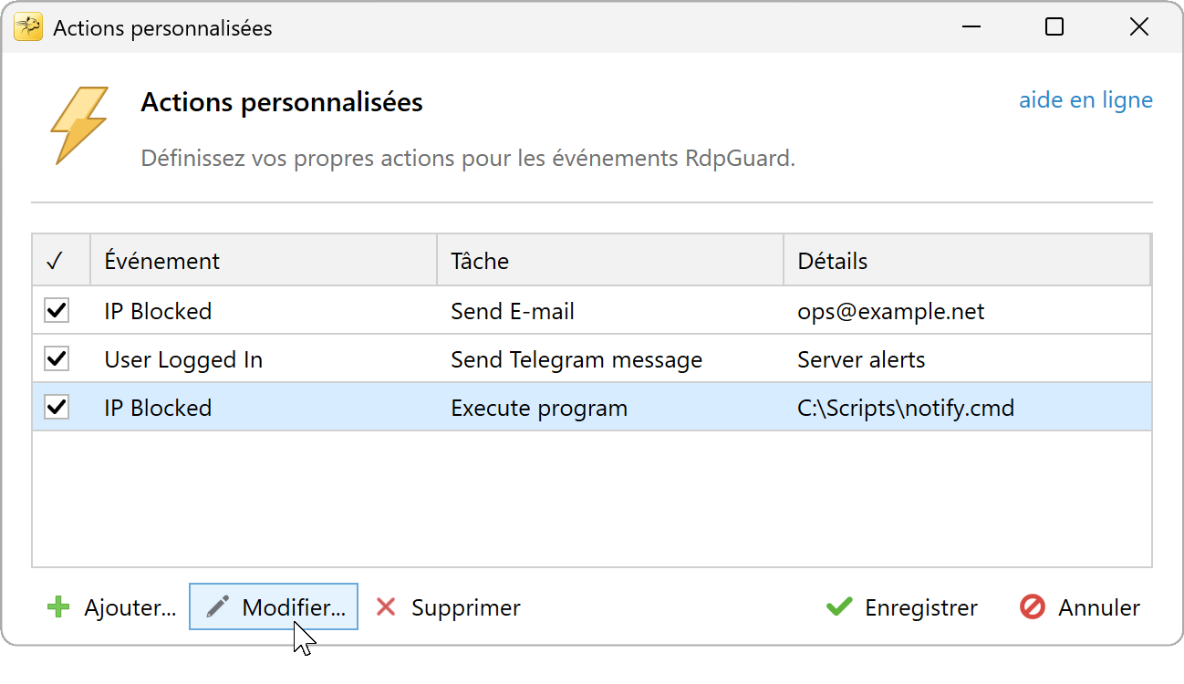 Boîte de dialogue Actions personnalisées