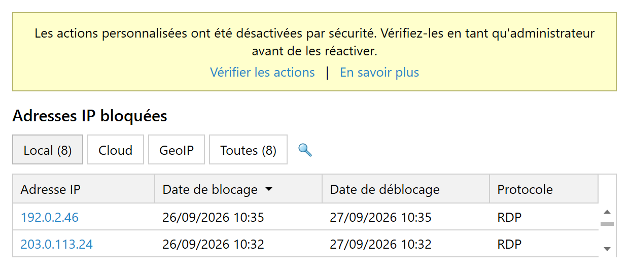 Avertissement indiquant la désactivation des actions pour des raisons de sécurité