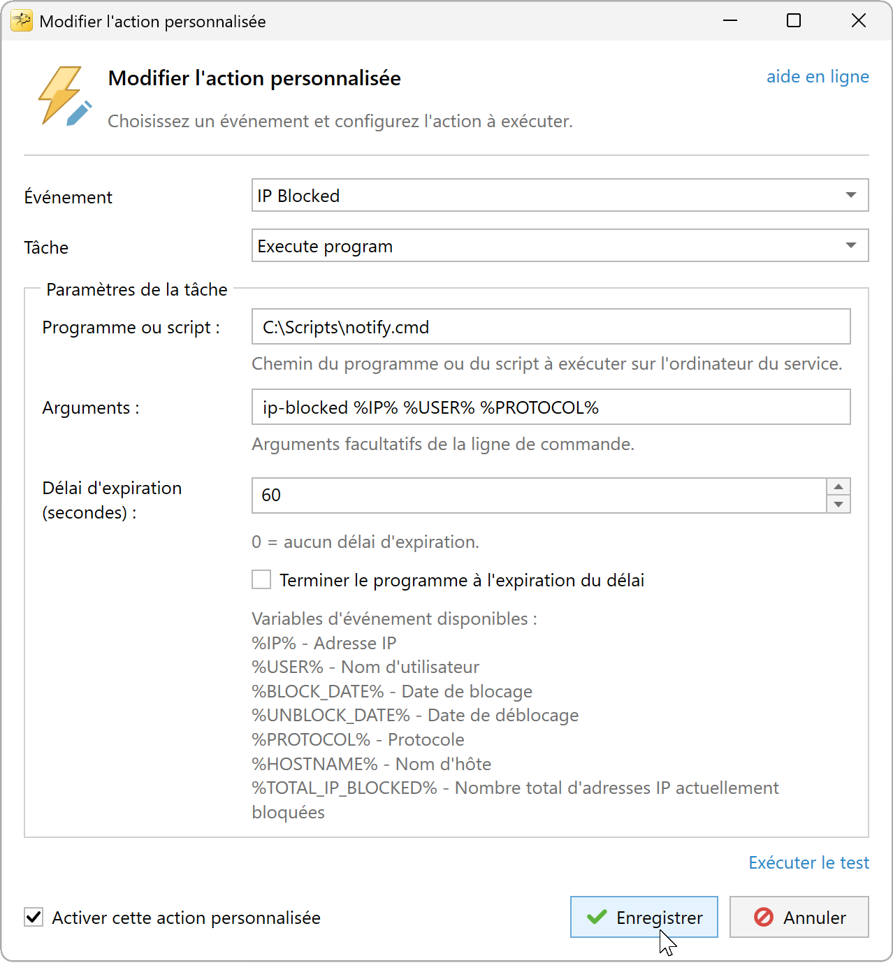 Boîte de dialogue Modifier l'action personnalisée