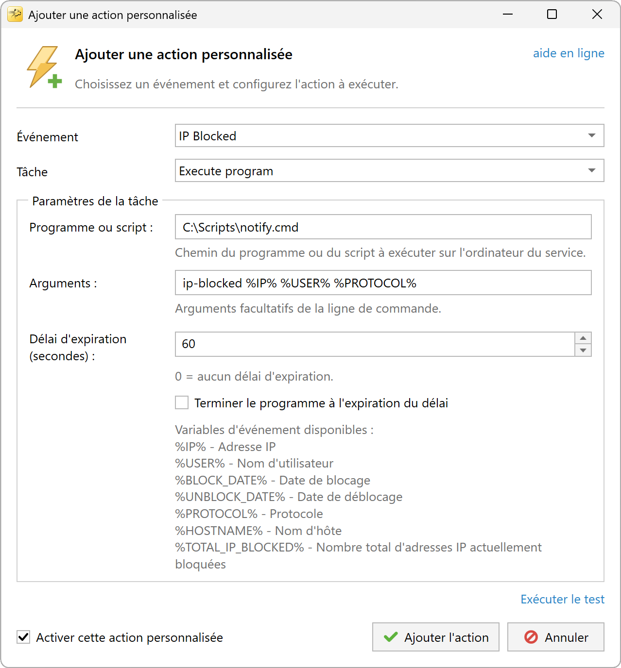 Paramètres de l'action Exécuter un programme