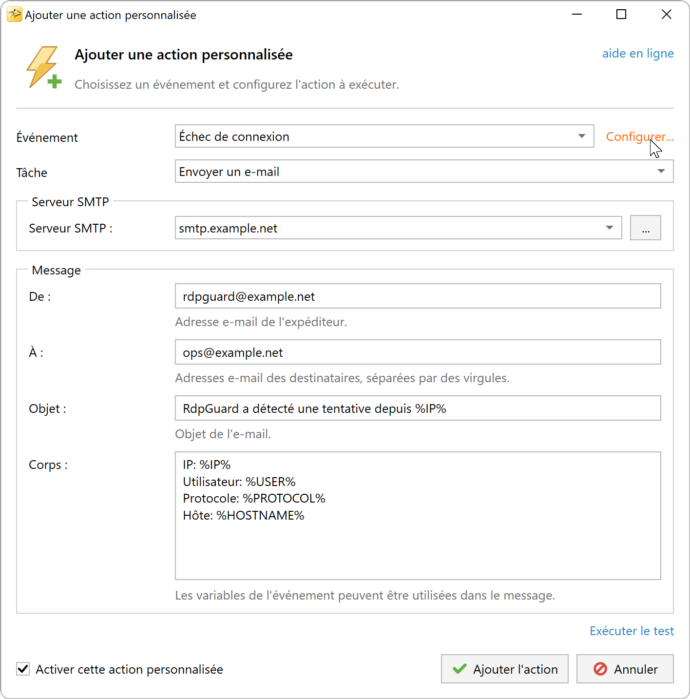 Choisissez Échec de connexion et cliquez sur Configurer...