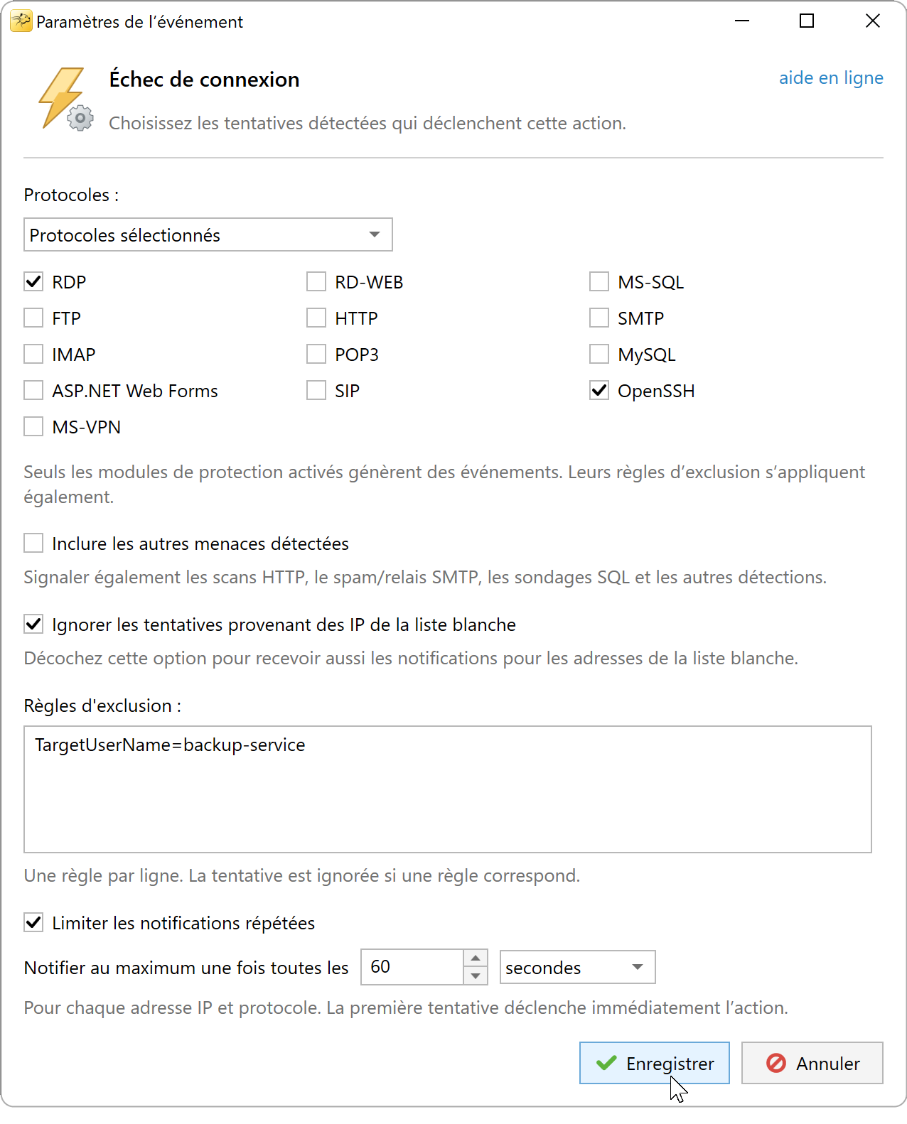 Exemple de paramètres pour les notifications d'échec de connexion.