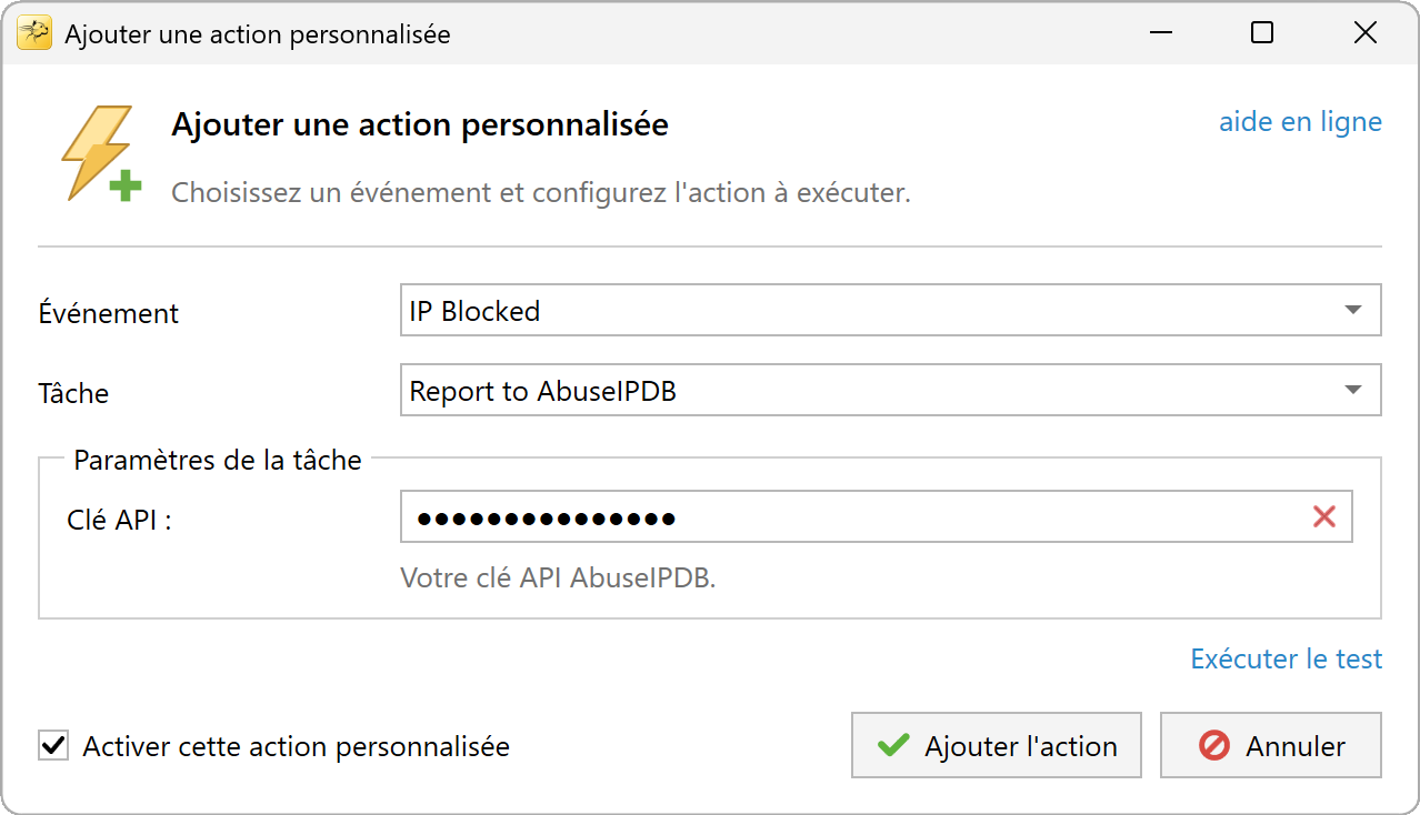 Paramètres de l'action Signaler à AbuseIPDB