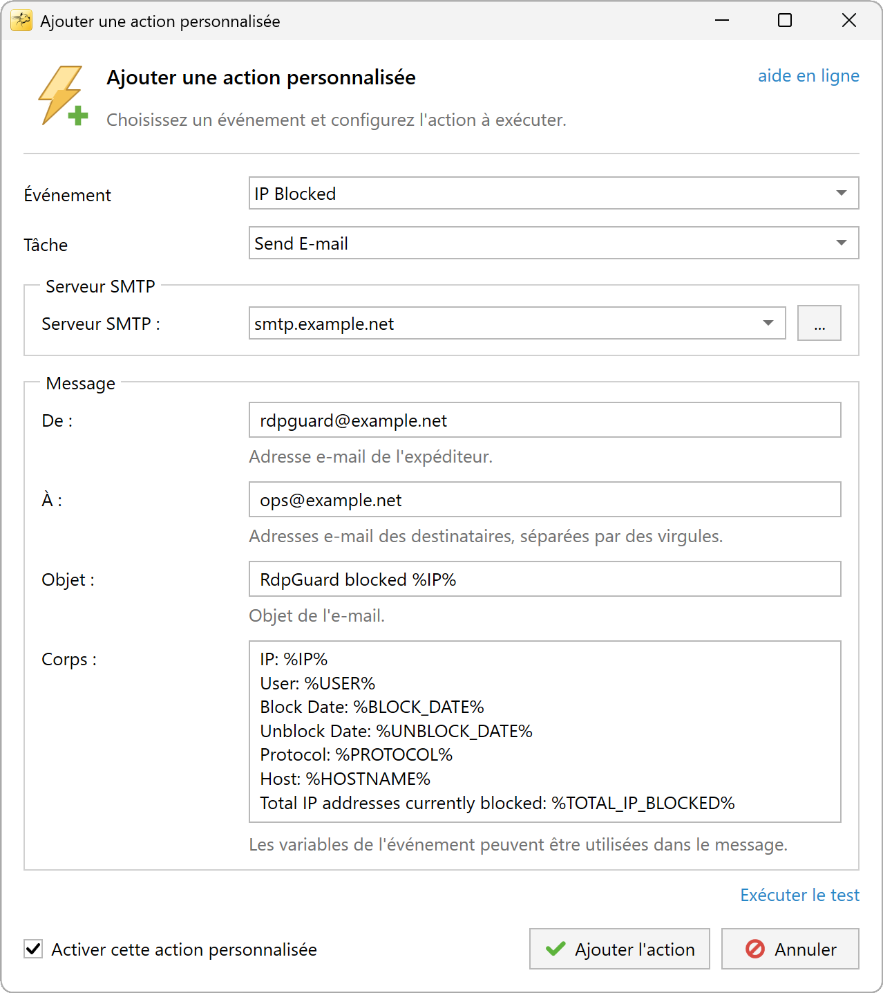 Paramètres d'envoi d'e-mail
