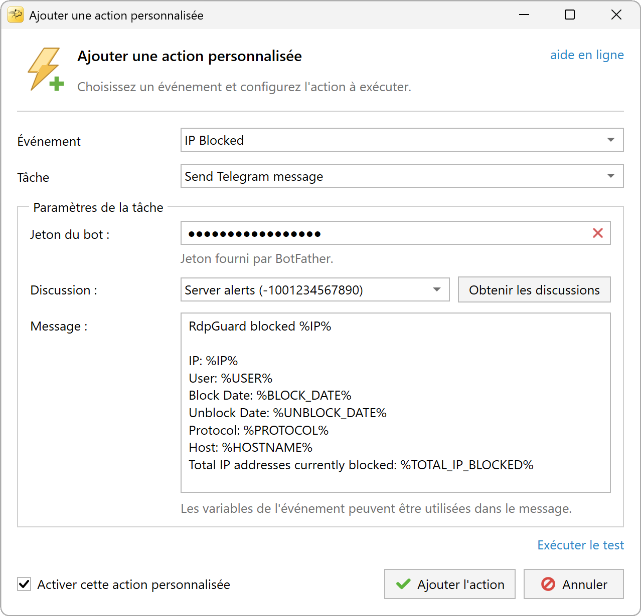 Paramètres de l'action Envoyer un message Telegram