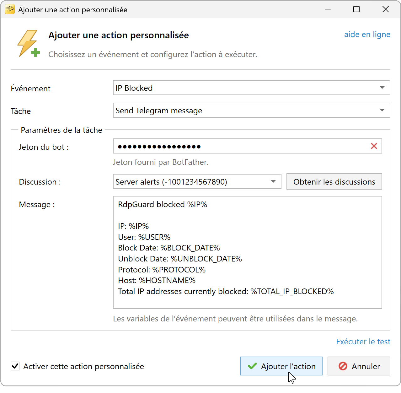 Ajoutez l'action avec le canal et le message de notification.
