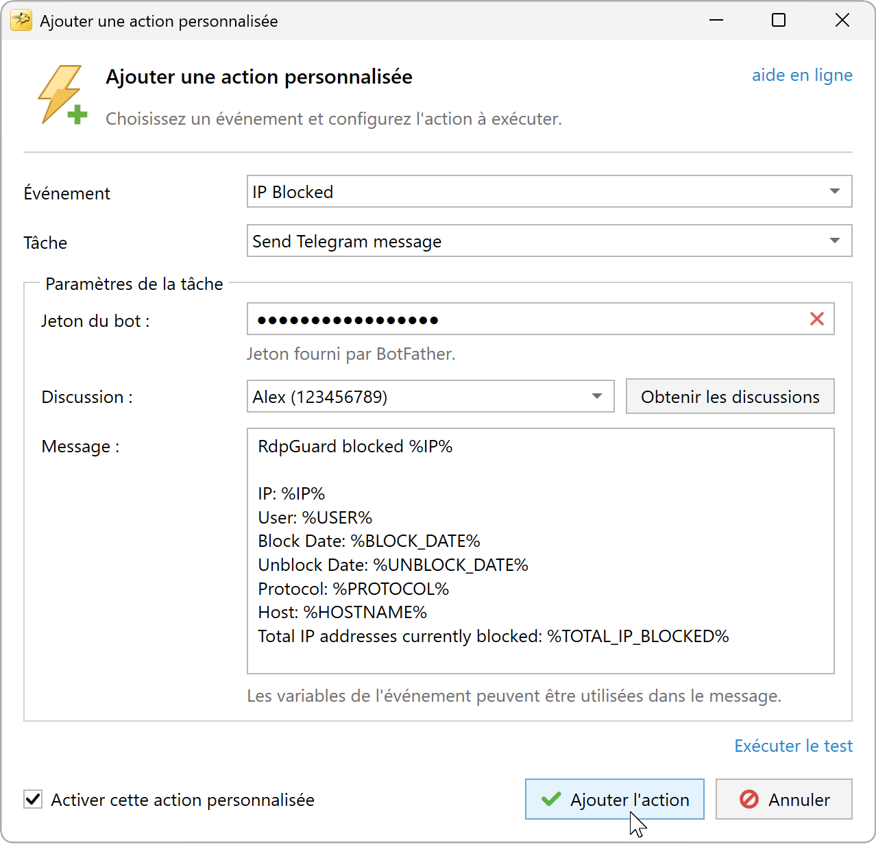 Ajoutez l'action avec votre conversation et votre message de notification.