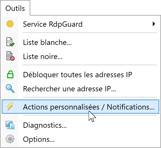 Cliquez sur Outils, Actions personnalisées / Notifications
