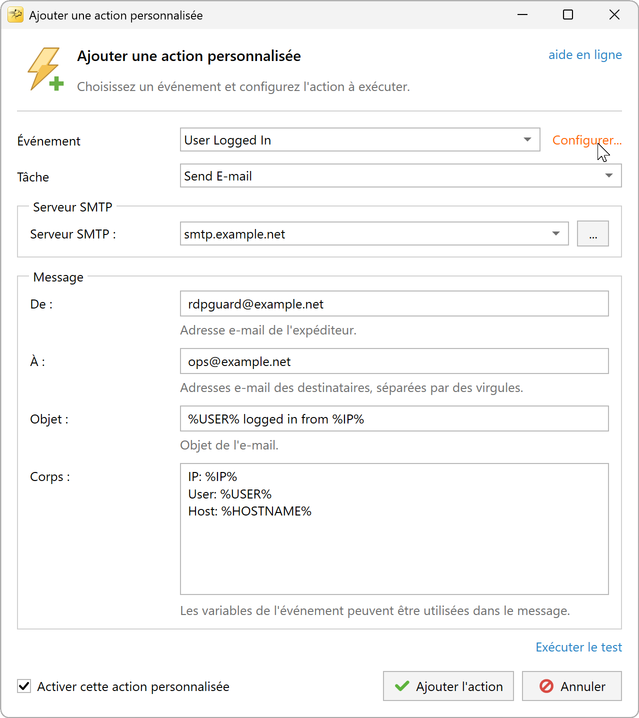 Lien vers les paramètres de l'événement Utilisateur connecté