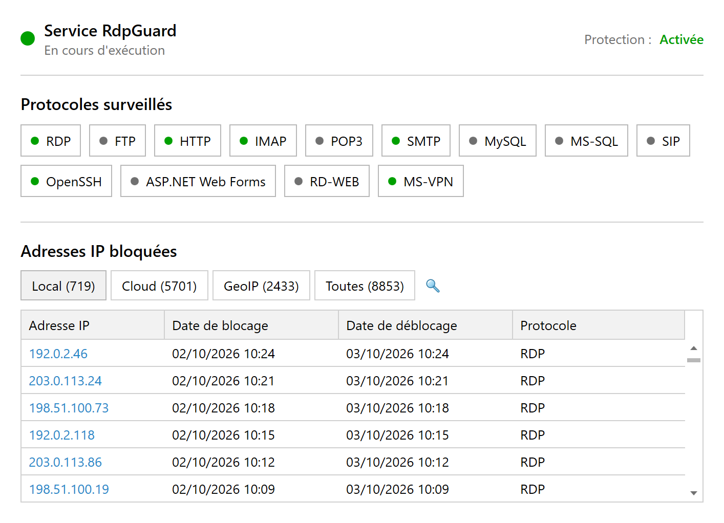 Tableau de bord RdpGuard : état de la protection, protocoles surveillés et adresses IP bloquées