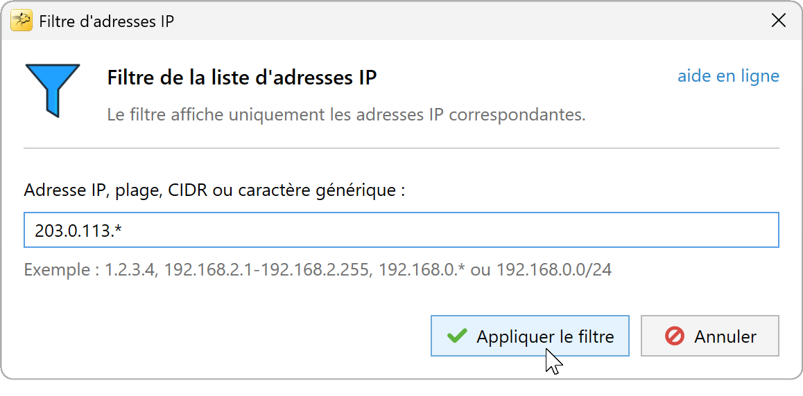 Boîte de dialogue Filtre IP