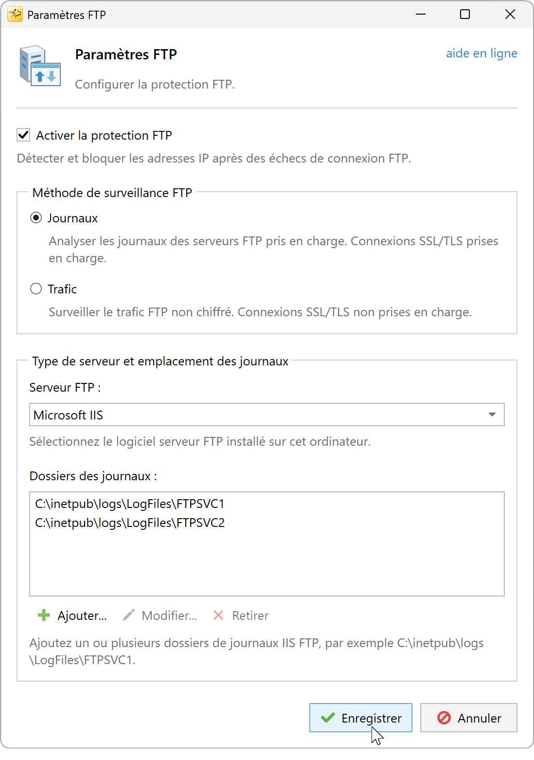 Paramètres FTP avec Journaux sélectionné et deux dossiers IIS FTP