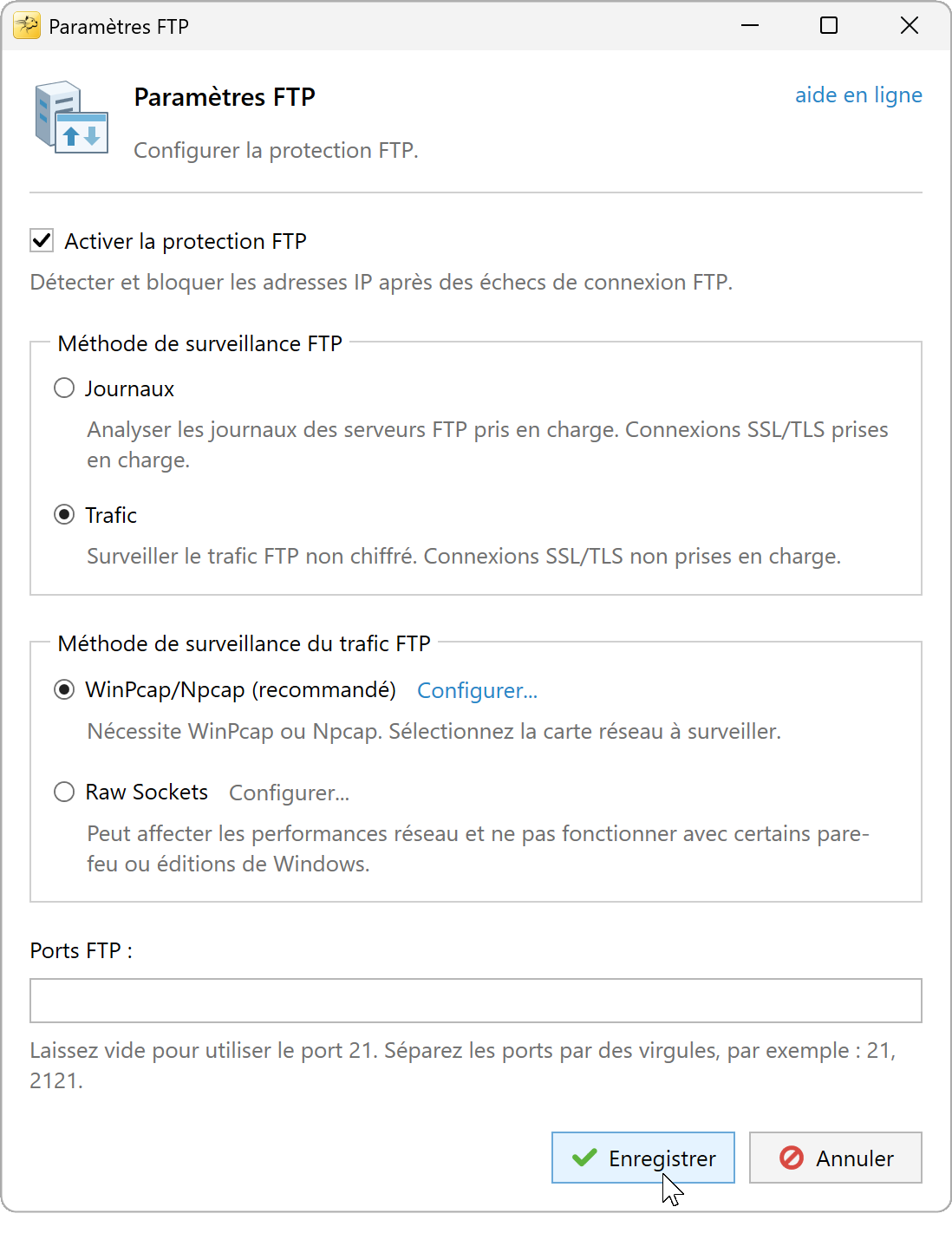 Paramètres FTP avec Trafic et WinPcap/Npcap sélectionnés, champ des ports vide