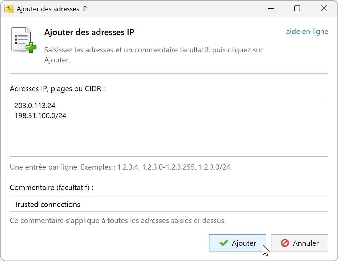 Ajout d'adresses IP avec une adresse et une plage CIDR