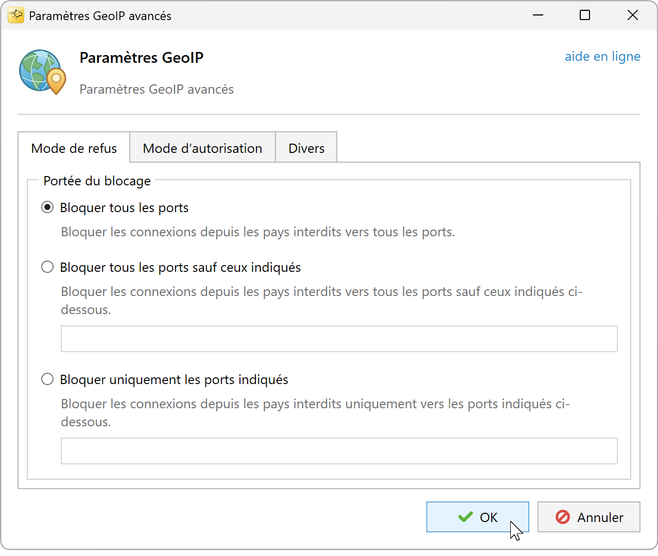 Paramètres GeoIP avancés, onglet Mode de refus