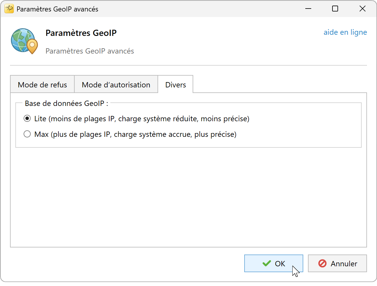 Paramètres GeoIP avancés, onglet Divers