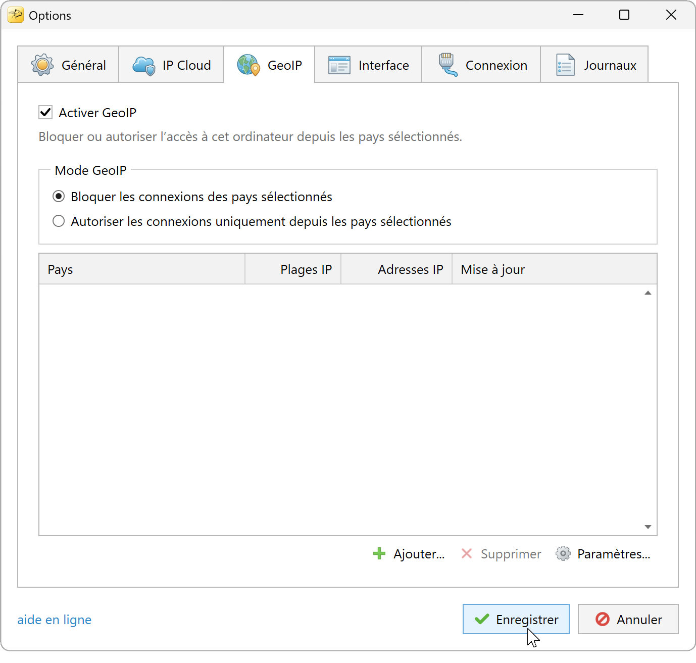 Options RdpGuard avec Activer GeoIP coché