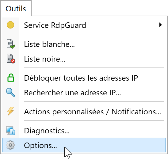 Menu Outils de RdpGuard avec Options sélectionné