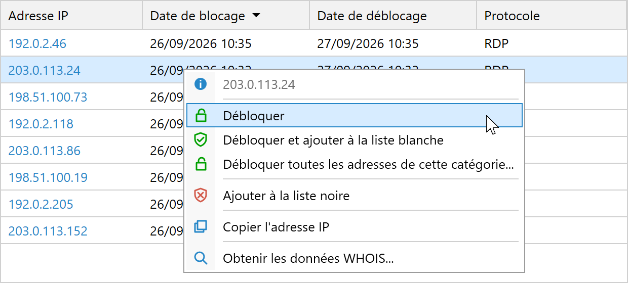 Menu contextuel d'une adresse IP