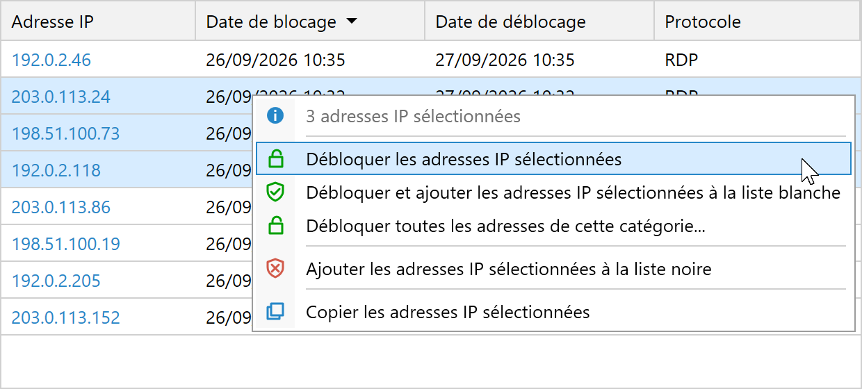 Débloquer plusieurs adresses IP