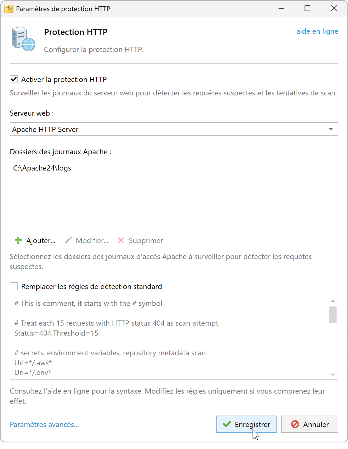 Protection HTTP pour Apache avec un exemple de dossier de journaux