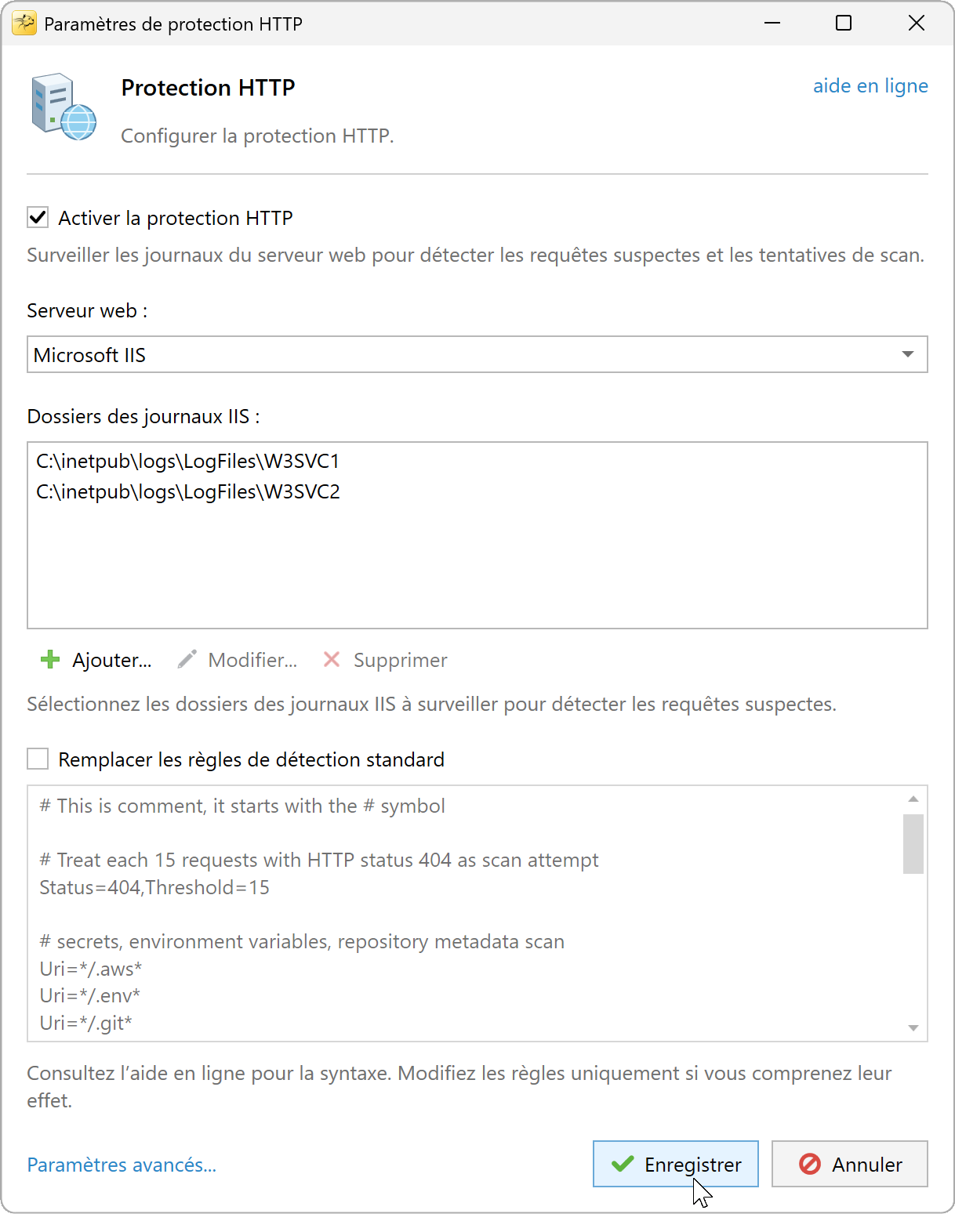 Protection HTTP pour IIS avec deux dossiers de journaux et les règles standard