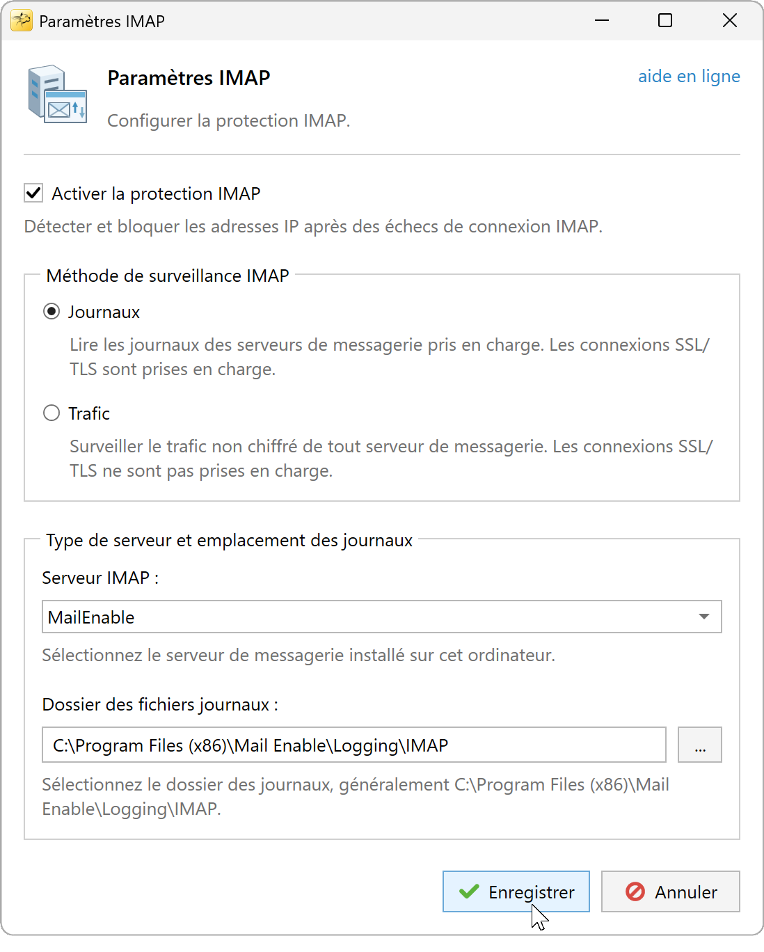 Paramètres IMAP avec Journaux sélectionné et un dossier MailEnable