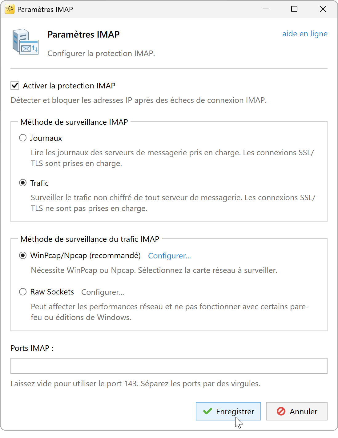 Paramètres IMAP avec Trafic et WinPcap/Npcap sélectionnés, champ des ports vide