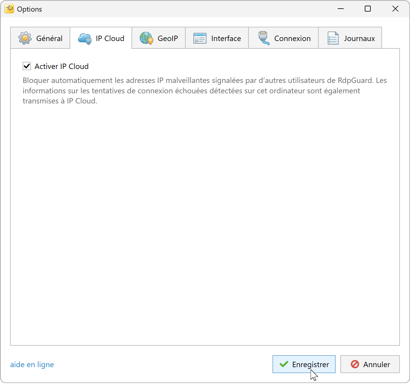 Options RdpGuard avec Activer IP Cloud coché