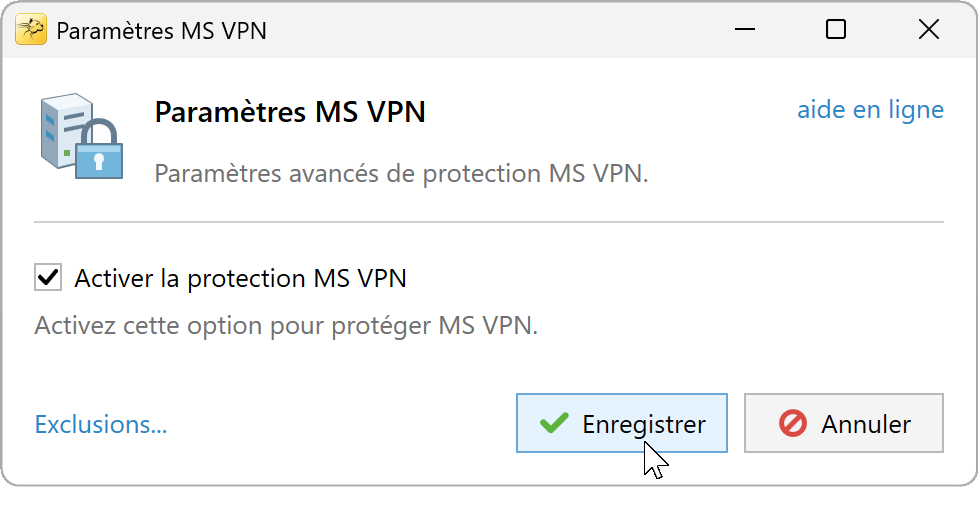 Paramètres MS VPN avec protection activée