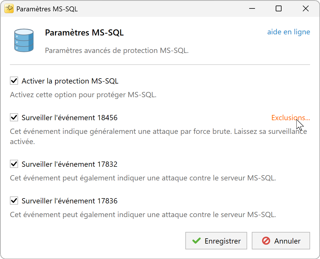 Lien Exclusions à côté de l'événement 18456 dans les paramètres MS-SQL