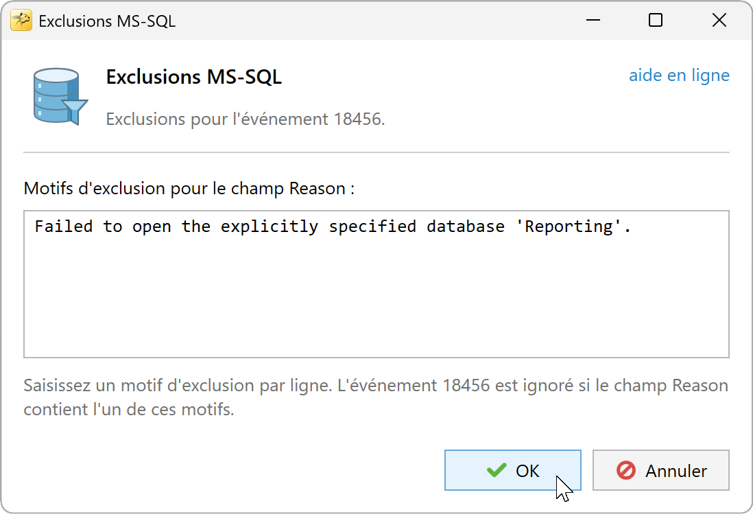 Exclusions MS-SQL avec un exemple de motif d'échec d'accès à une base