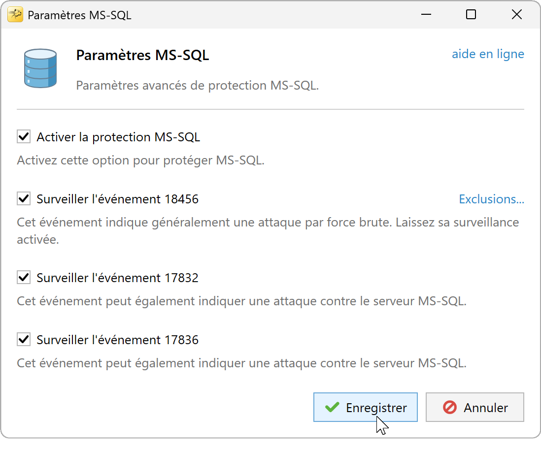 Paramètres MS-SQL : protection activée et événements 18456, 17832, 17836 sélectionnés