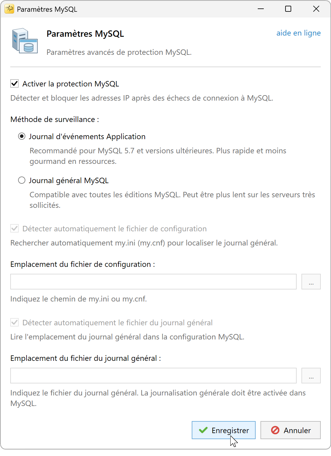 Paramètres MySQL : journal Application sélectionné, options du journal général désactivées