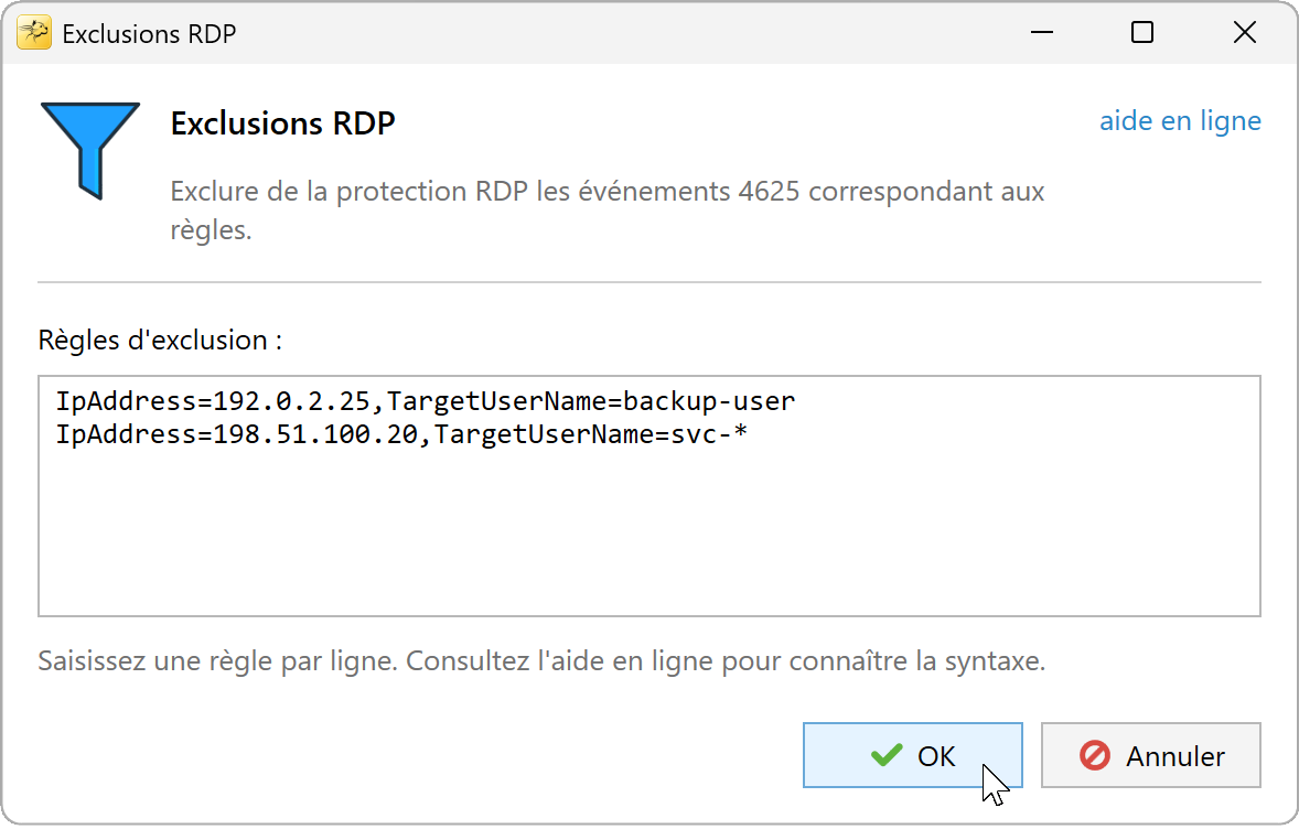 Exclusions RDP avec deux exemples ciblant IP et utilisateurs