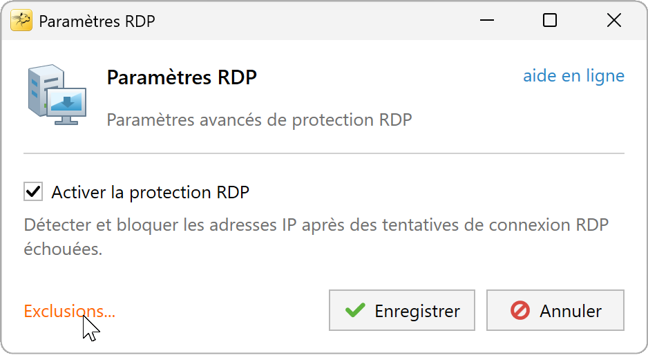 Lien Exclusions en bas des paramètres RDP