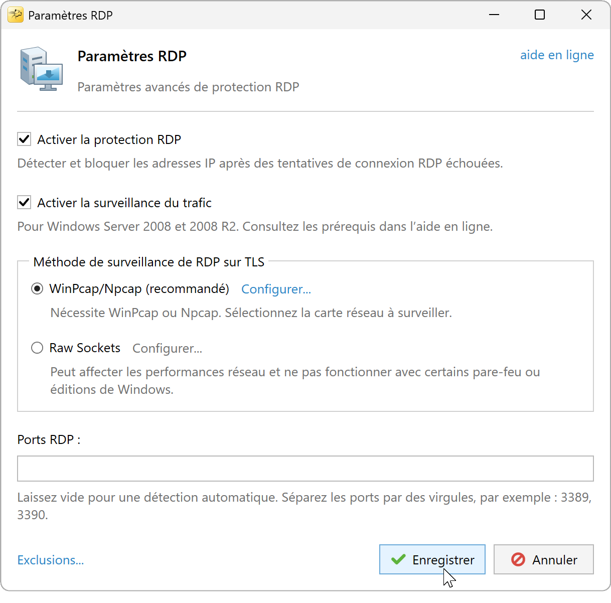 Paramètres RDP avec surveillance du trafic et WinPcap sur Windows Server 2008