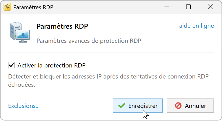 Paramètres RDP avec Activer la protection RDP coché