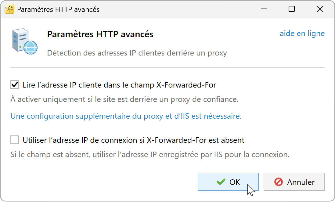 Paramètres HTTP avancés : X-Forwarded-For activé, recours à l'IP de connexion désactivé