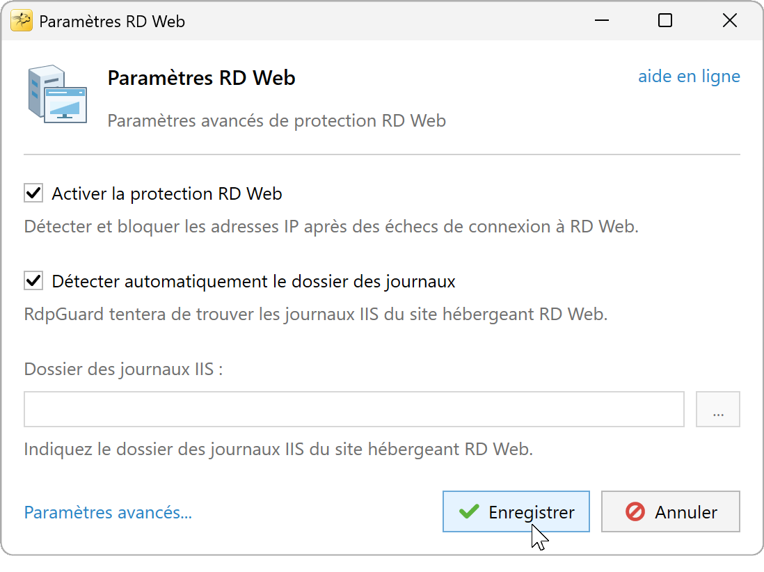 Paramètres RD Web avec protection et recherche automatique des journaux activées