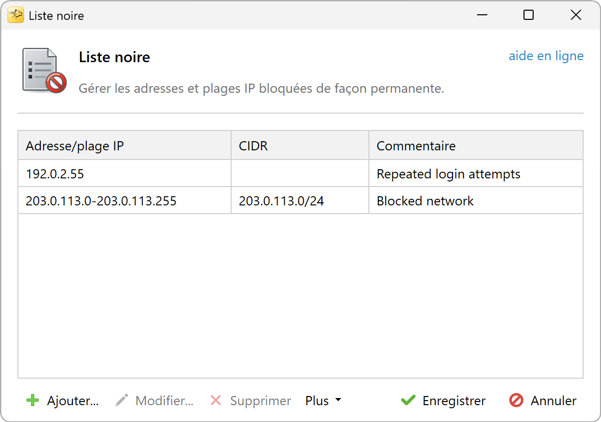Liste noire avec des IP et plages bloquées