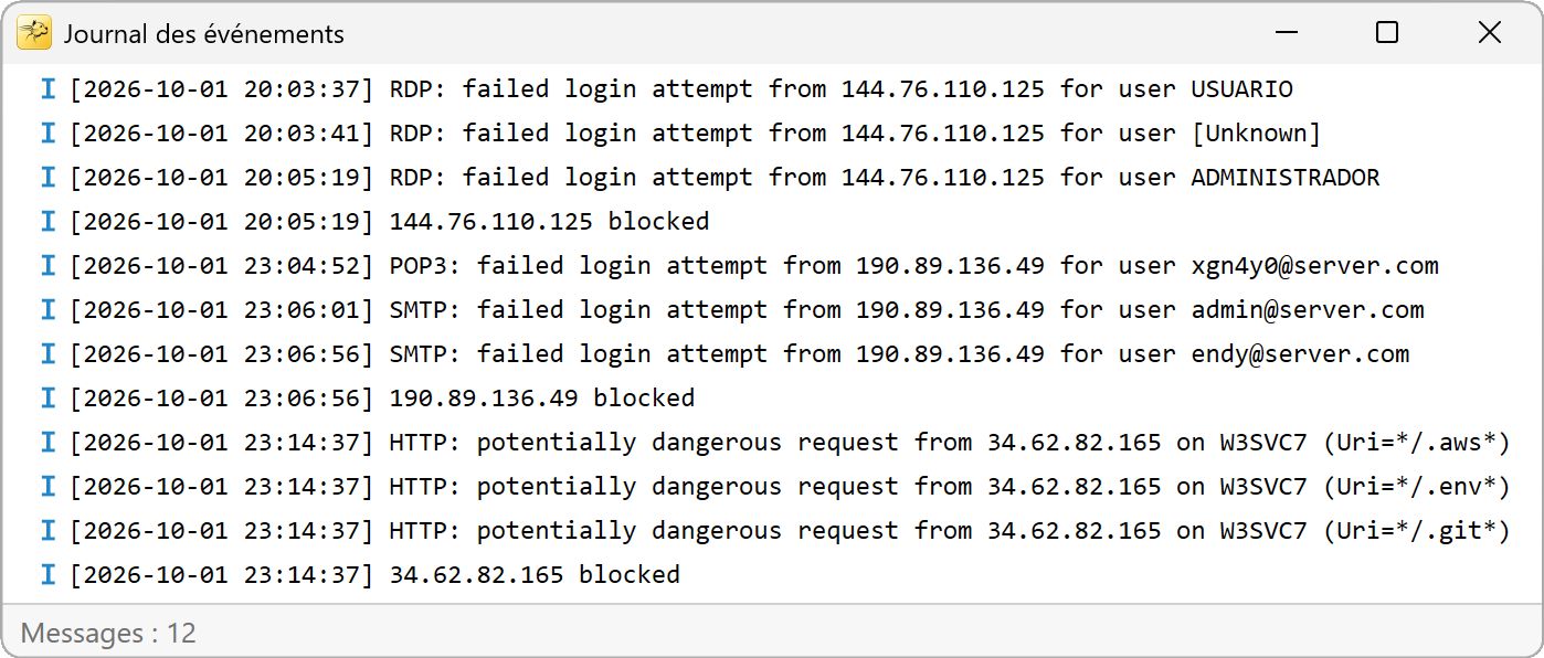 Journal RdpGuard : échecs de connexion, requêtes HTTP suspectes et IP bloquées