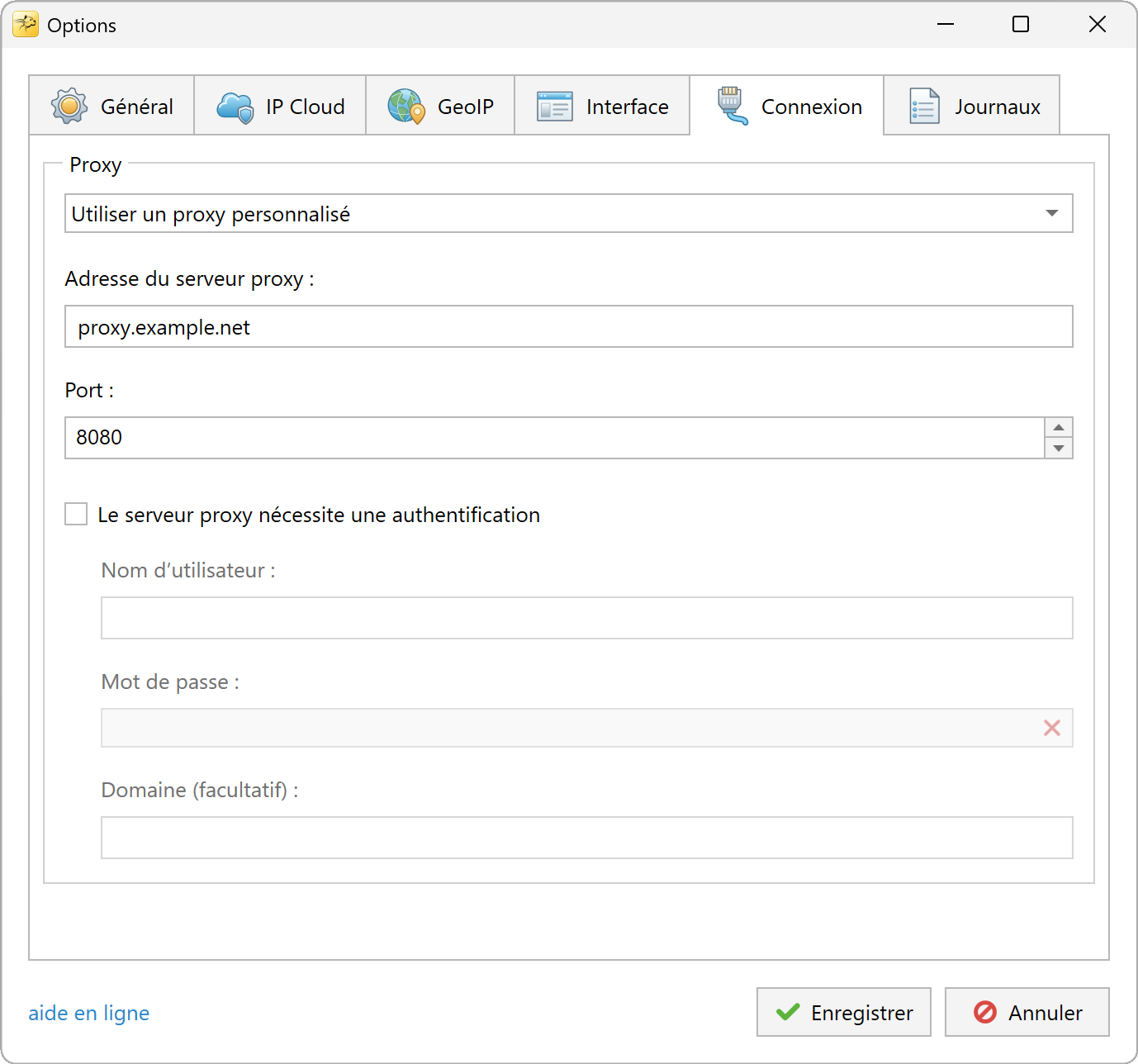 Options de connexion avec un proxy d'exemple