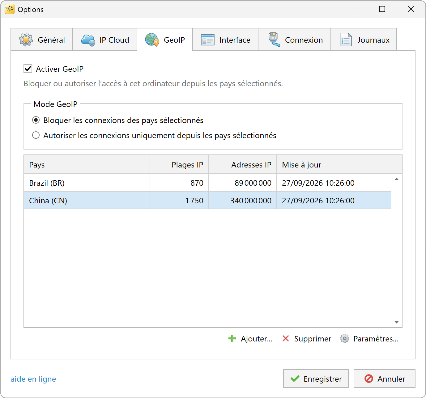 Options GeoIP avec blocage par pays